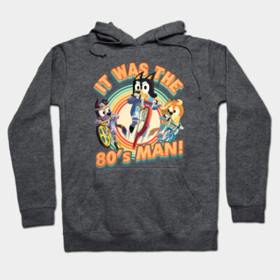 Gray hoodie with colorful retro 80s graphic, featuring cartoon characters on bikes. Comfortable cotton blend material.