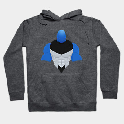 Gray hoodie with abstract blue and white graphic design, featuring a front pocket and adjustable drawstring hood.