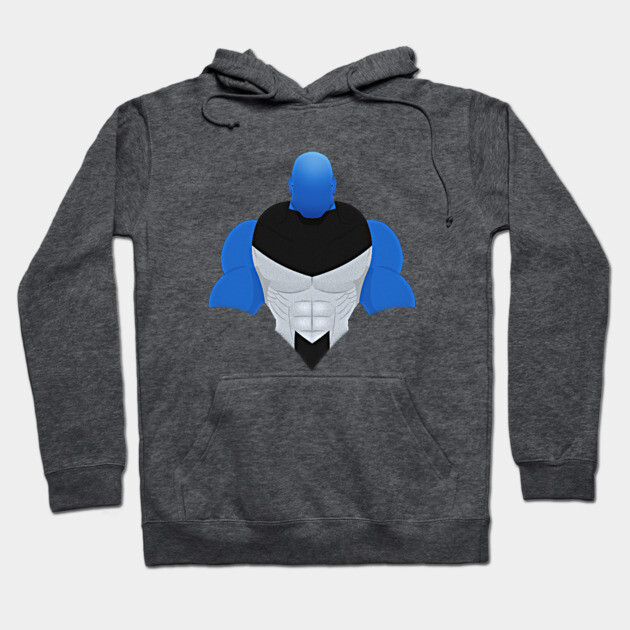 Gray hoodie with abstract blue and white graphic design, featuring a front pocket and adjustable drawstring hood.