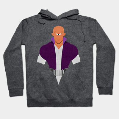 Dark gray hoodie with bold graphic design, featuring a character in a purple and white outfit. Cozy and stylish casual wear.