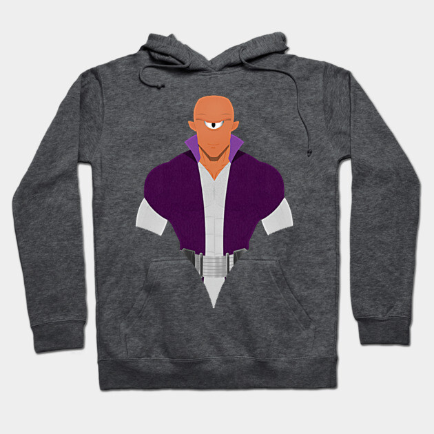 Dark gray hoodie with bold graphic design, featuring a character in a purple and white outfit. Cozy and stylish casual wear.