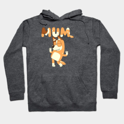 Charcoal gray hoodie with playful cartoon dog and "MUM" text, cozy casual wear for moms, cotton blend material.