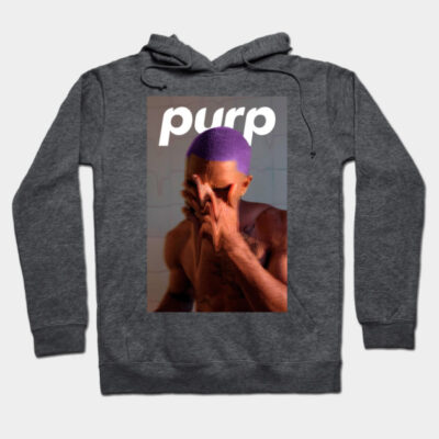 Charcoal gray hoodie with abstract graphic design, featuring bold text "purp" and vibrant colors. Cozy and stylish.