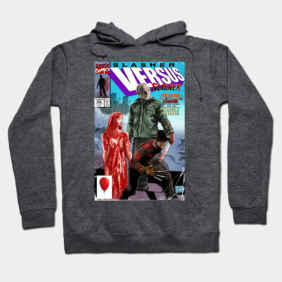 Dark gray hoodie featuring horror comic book design, perfect for casual wear, made from soft cotton blend material.