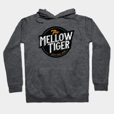 "Dark gray hoodie with 'The Mellow Tiger' logo, casual style, ideal for everyday wear, soft cotton blend material."