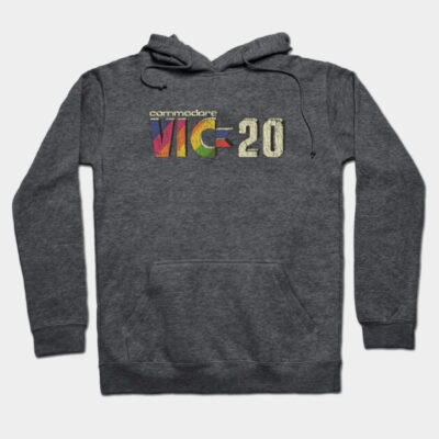 Charcoal gray hoodie with retro VIC-20 graphic print, casual style, soft cotton blend, ideal for everyday wear.