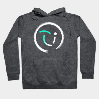 Charcoal gray hoodie with abstract white and teal circular design, drawstring hood, and front pocket, casual wear.