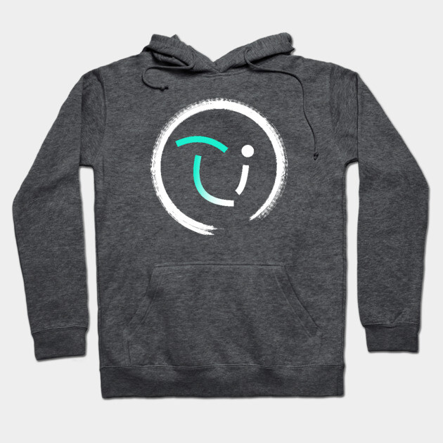 Charcoal gray hoodie with abstract white and teal circular design, drawstring hood, and front pocket, casual wear.