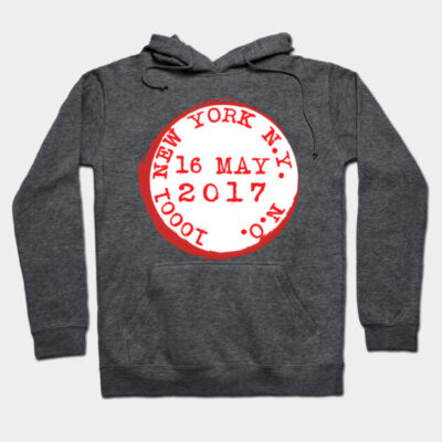 Charcoal gray hoodie with red and white New York graphic, cotton blend, casual wear, comfortable and stylish design.