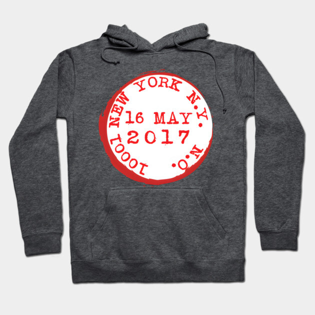Charcoal gray hoodie with red and white New York graphic, cotton blend, casual wear, comfortable and stylish design.