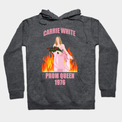Dark gray hoodie with vintage-style prom queen graphic, pink text, and fiery background design, perfect for casual wear.