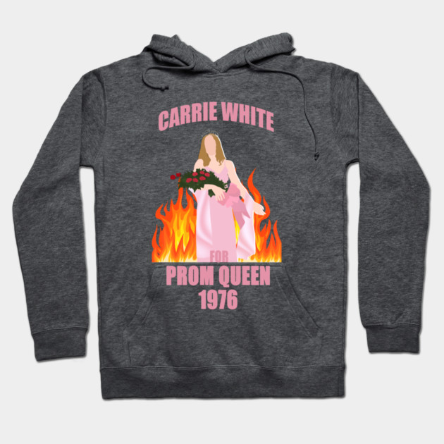 Dark gray hoodie with vintage-style prom queen graphic, pink text, and fiery background design, perfect for casual wear.