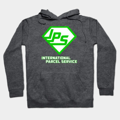 Charcoal gray hoodie with green "JPS International Parcel Service" logo, casual wear, soft cotton blend material.