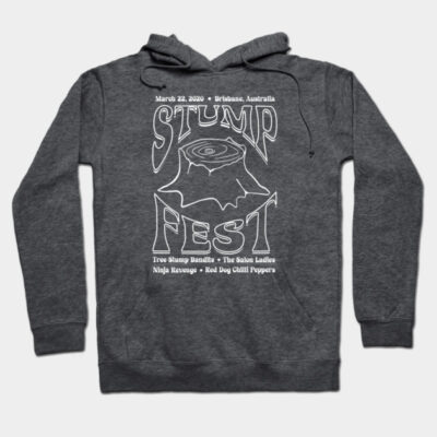 Charcoal gray hoodie with "Stump Fest" graphic, casual style, made from soft cotton blend, perfect for everyday wear.