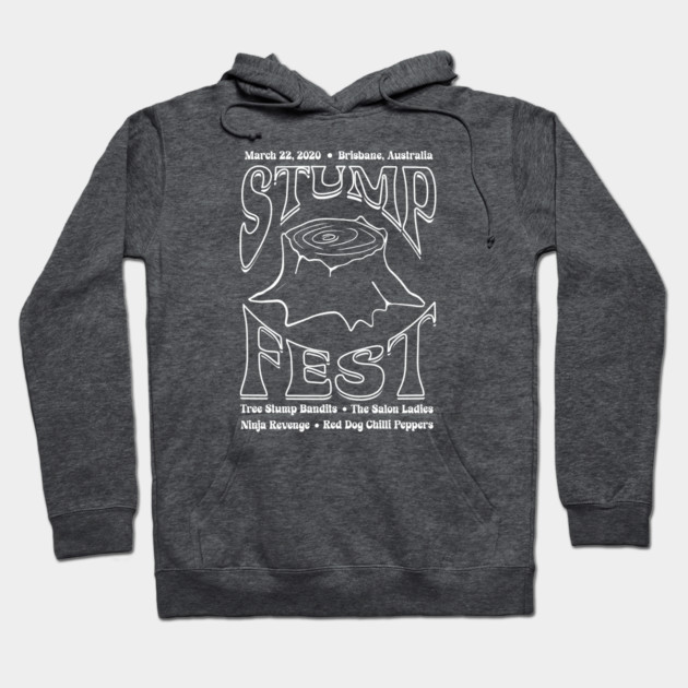 Charcoal gray hoodie with "Stump Fest" graphic, casual style, made from soft cotton blend, perfect for everyday wear.