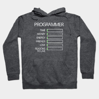 Gray hoodie with "Programmer" text and humor bars, perfect for casual wear. Cotton blend material for comfort.