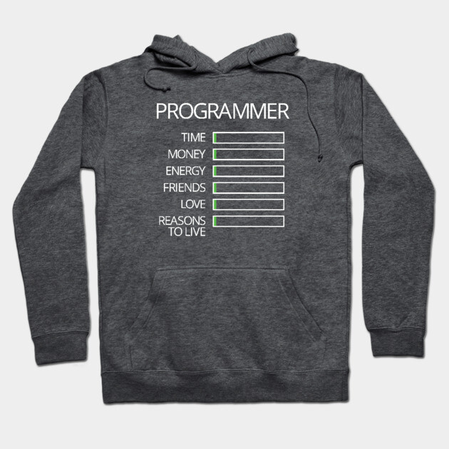 Gray hoodie with "Programmer" text and humor bars, perfect for casual wear. Cotton blend material for comfort.