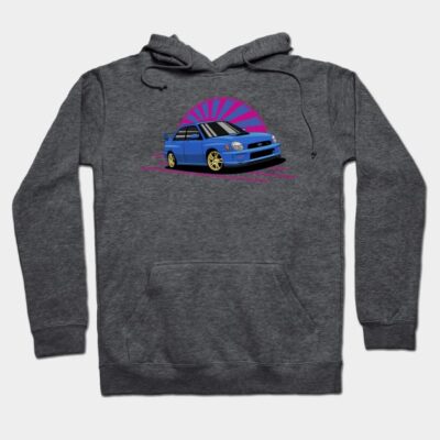 Charcoal gray hoodie featuring a blue car graphic with pink and purple accents, perfect for casual wear.