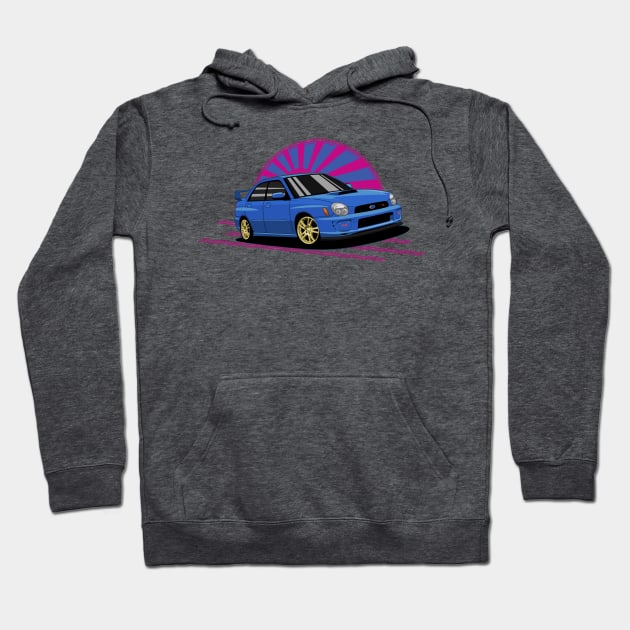 Charcoal gray hoodie featuring a blue car graphic with pink and purple accents, perfect for casual wear.