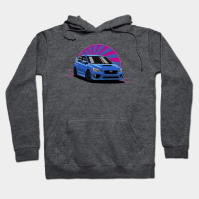 Gray hoodie with blue car graphic and pink sunburst design, ideal for casual wear, cotton blend material.