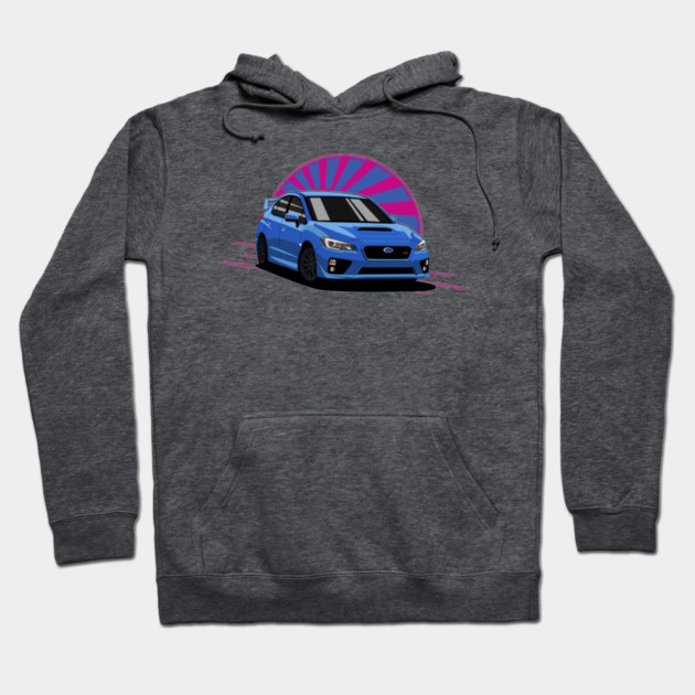 Gray hoodie with blue car graphic and pink sunburst design, ideal for casual wear, cotton blend material.