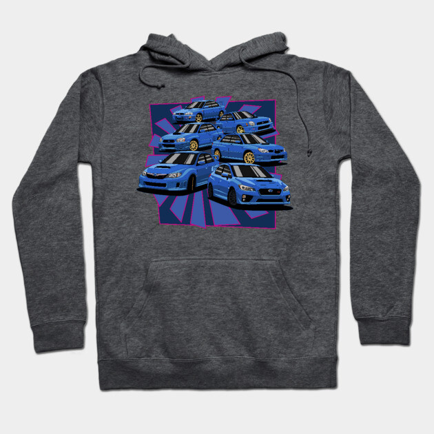 Charcoal hoodie with blue sports car graphic, casual style, cotton blend, perfect for car enthusiasts.