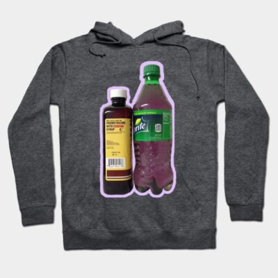 Gray hoodie with colorful graphic print featuring two beverage bottles, casual style, soft fabric, unisex design.