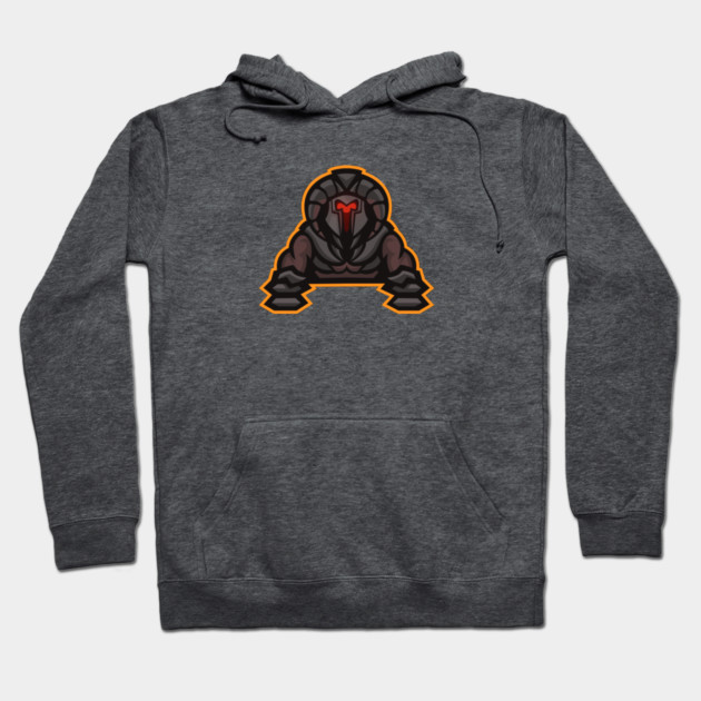 Dark gray hoodie with a bold, graphic design on front, featuring a futuristic warrior. Perfect for casual wear.