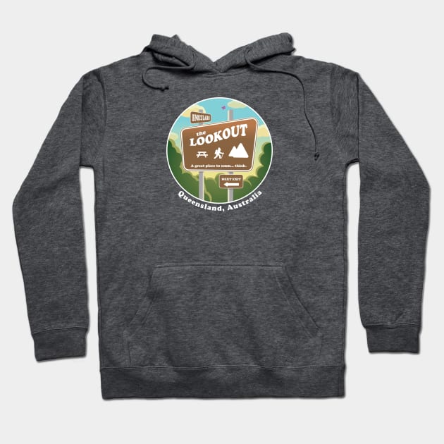Charcoal gray hoodie with colorful "The Lookout" graphic, featuring outdoor themes. Perfect for casual, everyday wear.