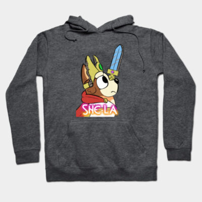 Charcoal gray hoodie with cartoon dog warrior design, colorful text "SHE-LA," cozy cotton blend, unisex casual wear.