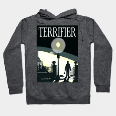 Dark gray hoodie with "Terrifier" design, featuring a silhouette under a streetlamp. Casual wear, cotton blend.