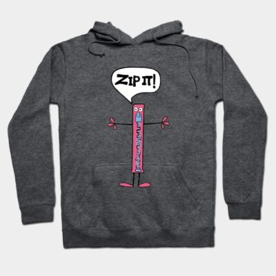 Charcoal hoodie with cartoon zipper design and "Zip it!" text, casual style, comfortable cotton blend material.