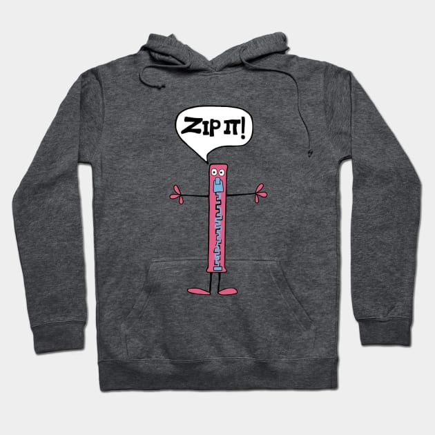 Charcoal hoodie with cartoon zipper design and "Zip it!" text, casual style, comfortable cotton blend material.