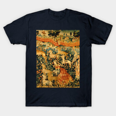 Navy blue t-shirt featuring a detailed medieval tapestry print, ideal for casual wear or art enthusiasts.