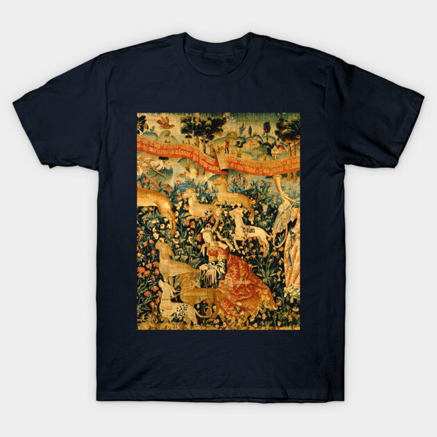 Navy blue t-shirt featuring a detailed medieval tapestry print, ideal for casual wear or art enthusiasts.