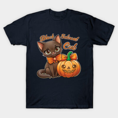 Black t-shirt with cute Halloween cat and pumpkin design, perfect for festive occasions. Durable cotton fabric.