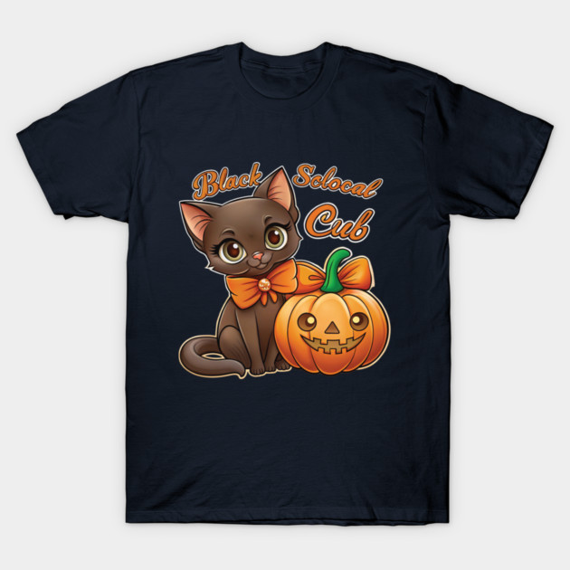 Black t-shirt with cute Halloween cat and pumpkin design, perfect for festive occasions. Durable cotton fabric.