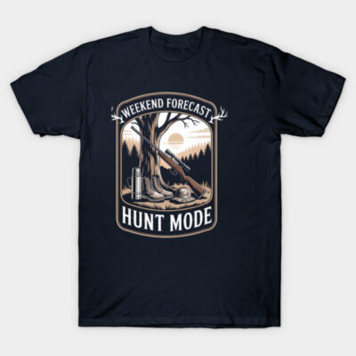 Navy blue t-shirt with "Weekend Forecast Hunt Mode" graphic, featuring outdoor hunting gear and forest scene design.