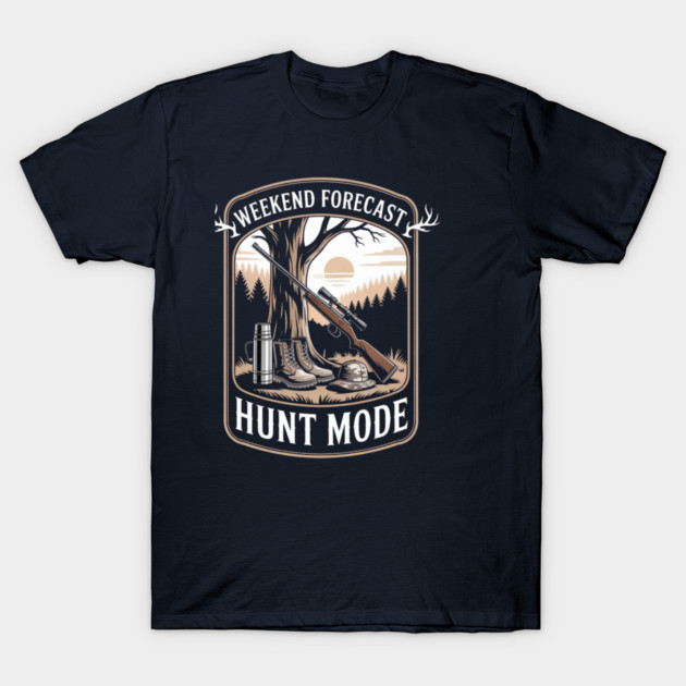 Navy blue t-shirt with "Weekend Forecast Hunt Mode" graphic, featuring outdoor hunting gear and forest scene design.