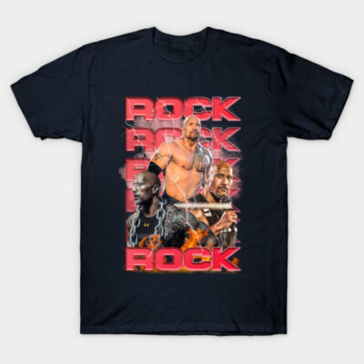 Black graphic t-shirt featuring bold "ROCK" design with dynamic illustrations, casual wear, cotton material.