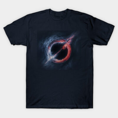 Navy blue t-shirt with cosmic design, featuring a red and white space-inspired pattern. Cotton material, casual wear.