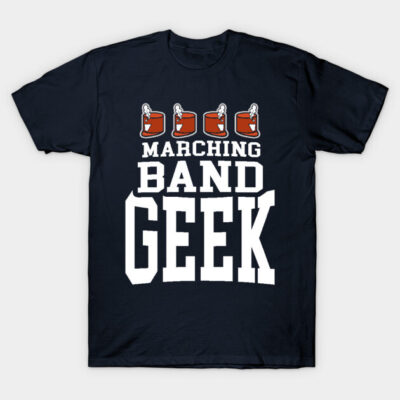 Navy blue t-shirt with "Marching Band Geek" text and drum graphics, perfect for music enthusiasts and casual wear.
