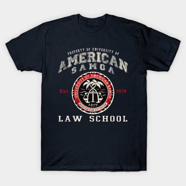 Navy blue T-shirt with "American Samoa Law School" graphic design, casual style, 100% cotton material.
