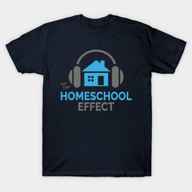 Navy blue t-shirt with "The Homeschool Effect" design in blue and gray, featuring a house and headphones graphic.