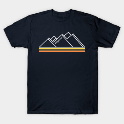 Navy blue T-shirt with abstract white and orange mountain design, casual style, cotton fabric, unisex.