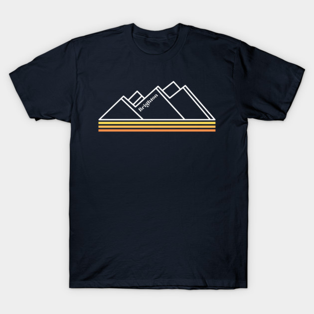 Navy blue T-shirt with abstract white and orange mountain design, casual style, cotton fabric, unisex.