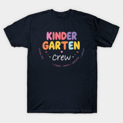 Navy blue t-shirt with colorful "Kindergarten Crew" print, casual style, ideal for school events or casual wear.