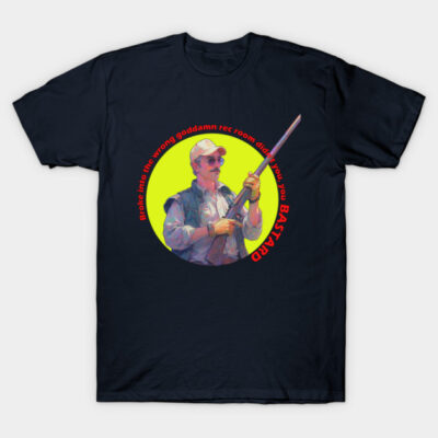 Navy blue graphic t-shirt featuring vintage-style illustration with bold text, casual wear, soft cotton material.