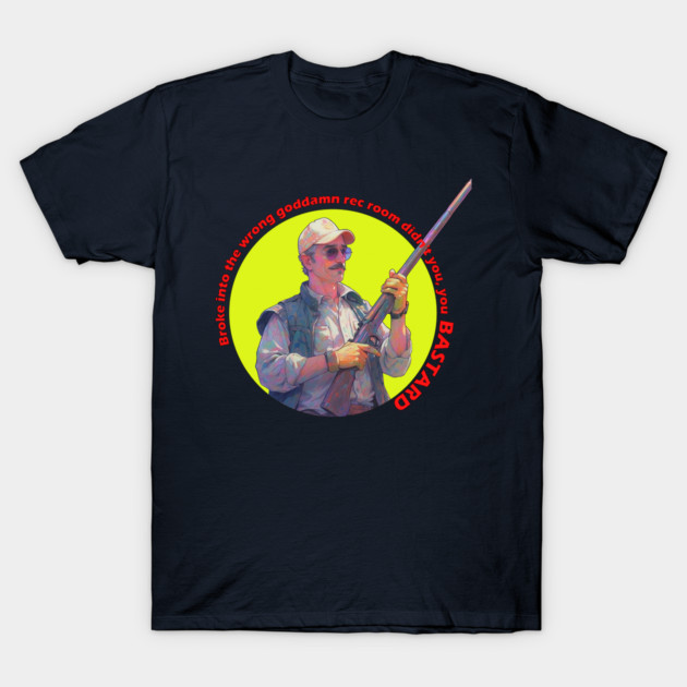 Navy blue graphic t-shirt featuring vintage-style illustration with bold text, casual wear, soft cotton material.