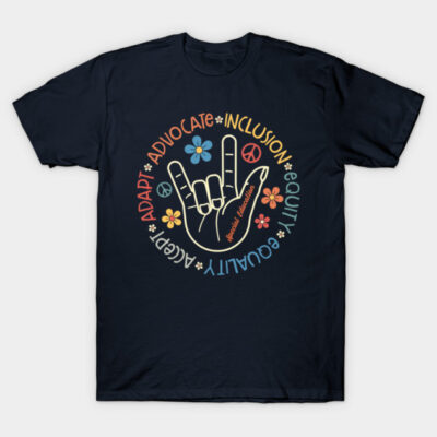 Navy blue t-shirt with colorful graphic promoting inclusion, equality, and advocacy, featuring hand sign and flowers.
